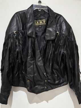 Vtg Black Leather Fringe Jacket